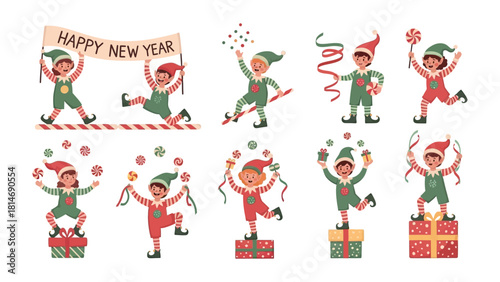 Festive Elves: A whimsical collection of joyful elves, each with a unique flair, ready to spread holiday cheer and embrace the spirit of the New Year. 