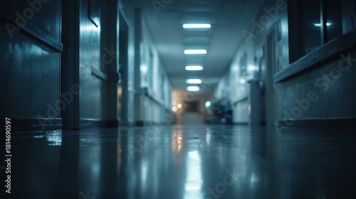 Wallpaper Mural Melancholic Hallway: An extended corridor of a dimly lit space, evokes an aura of solitude, featuring wet flooring, the fluorescent light fixtures create a tranquil, somber atmosphere. Torontodigital.ca