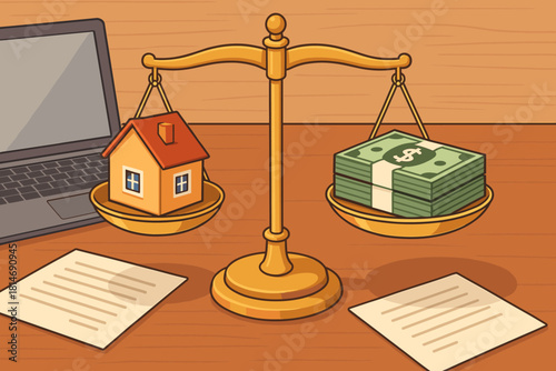 Real Estate Balance. Scale balances a house and a stack of cash, representing financial decisions in real estate. The scale sits on a wooden desk, with papers and a. Vector illustration