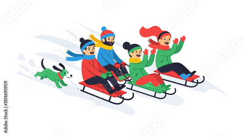 Winter Sledding Adventure: A joyful group of friends and a playful dog embark on a thrilling sledding adventure down a snowy hill, sharing laughter and winter bliss.