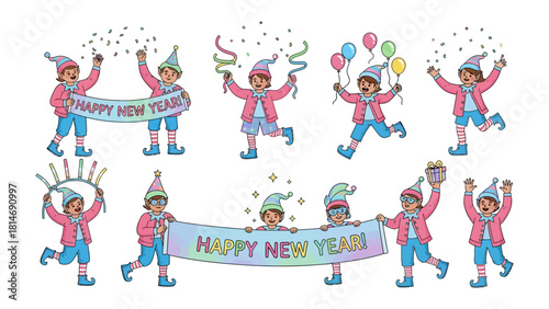 New Year's Celebratory Elves: A whimsical illustration showcases a collection of festive elves joyfully celebrating the New Year with banners, balloons, and confetti.