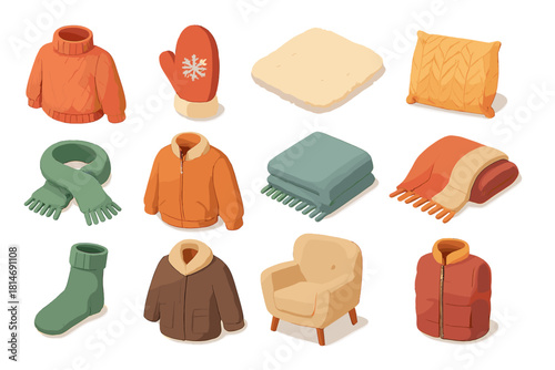Winter Comfort Icons. Winter Comfort flat icon set : thick sweater, wool mitten, fluffy rug, knit pillow, soft scarf, fleece jacket, woven throw, cozy blanket, wool sock, warm coat