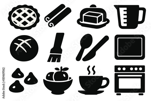 Winter Baking Icons. Winter Kitchen Treats silhouette icon set. pie crust, cinnamon sticks, butter dish, measuring cup, dough ball, pastry brush, spoon, baking sheet, chocolate