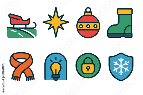 Vibrant Christmas Icons. Christmas Care Path flat icon set: safe sled track, bright caution spark, reflective ornament, grounded boot shape, cozy scarf, calm light arc, secure hook