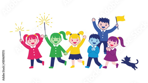 Joyful Parade of Young Children: A vibrant illustration showcasing a parade of cheerful children, waving sparklers and flags, marching together in a display of youthful exuberance and playful energy.