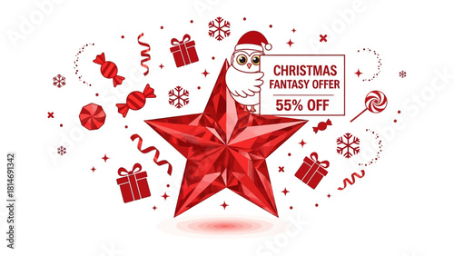 Christmas Star Offer: A festive graphic design presents a holiday offer, focusing on a bright red star, adorned with a Santa-hat-wearing owl and holiday treats