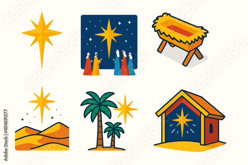 Isometric Christmas Icons. Christmas Star of Bethlehem flat icons set. shining star, night sky, manger, three wise men, desert dunes, guiding light, palm trees, stable
