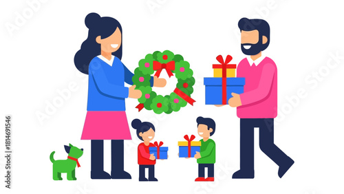 Holiday cheer in a family gathering: A joyful family celebrates a happy time of year. A moment of togetherness where gifts are exchanged. The essence of the holiday spirit comes to life.