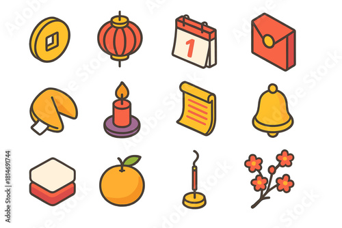 Festive Icon Collection. New Year Traditions flat icons set. lucky coin, lantern, calendar page, red envelope, fortune cookie, candle, prayer paper, bell, rice cake, mandarin