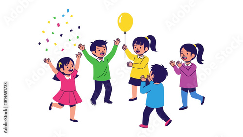 Joyful Celebration: A group of children is in a celebratory mood with balloons, colorful confetti, and joyful moments.