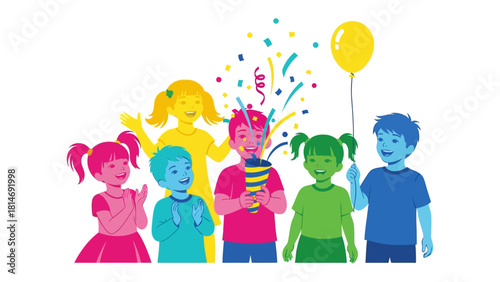 Childhood Celebrations: A joyous gathering of children celebrating, surrounded by confetti and balloons, symbolizing innocence, happiness and the carefree nature of youth.