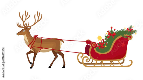 Cartoon reindeer pulling decorated sleigh with gifts and red ribbon in flat illustration style