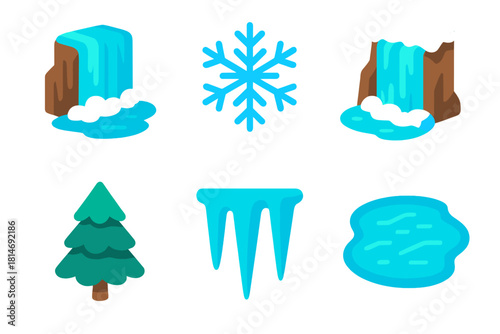 Isometric Frozen Waterfall Icons. Frozen Waterfalls flat icons set. icy cascade, snowflake, mountain cliff, pine tree, icicle, frozen pool