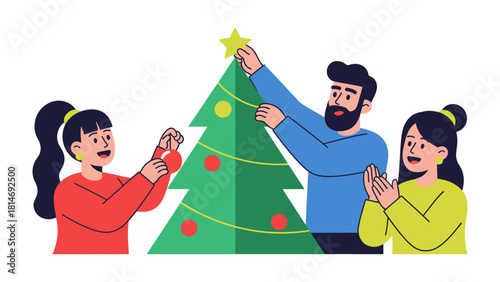 Joyful Christmas Tree Decorating: A family unites in the spirit of the season, festively adorning their Christmas tree with ornaments and a star, capturing the warmth and togetherness.