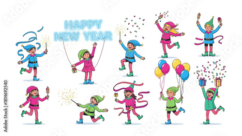 Festive New Year Celebration: A cheerful illustration of several animated elves, each in vibrant attire, joyfully marking the new year with gifts, sparkles, and balloons against a joyful background.