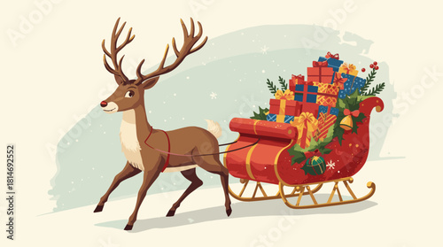 Reindeer pulling sleigh loaded with colorful presents on snowy background in flat holiday illustration
