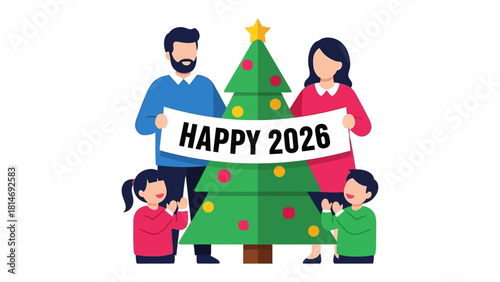 Family Christmas Celebration: A heartwarming illustration of a family joyously celebrating the new year with a decorated tree. A symbol of unity, love, and anticipation for a prosperous future.