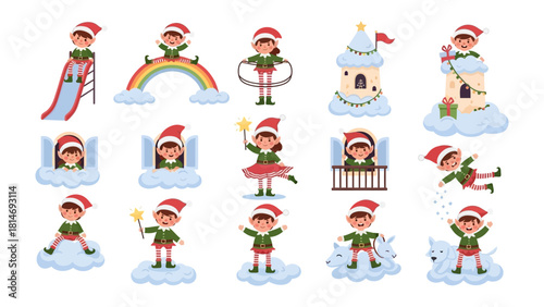 Whimsical Christmas Elf Set: A collection of delightful cartoon elves, each engaged in playful activities. Featuring elves on slide, rainbow, tower with cloud and more. Capturing the spirit of joy.
