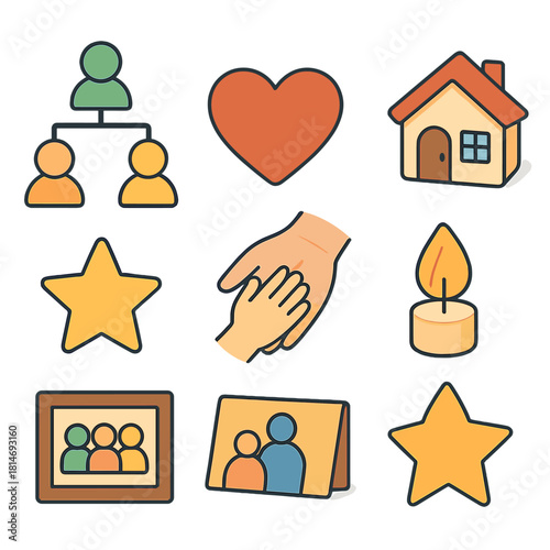 Generational Bond Icons. Generational bond flat icon set : family tree, heart, elder hand, child hand, cozy home, star, framed picture, candle flame