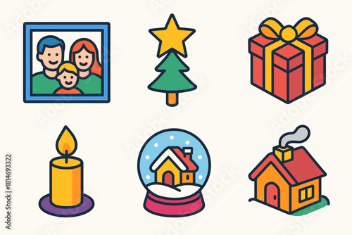 Cozy Holiday Icons. Joyful Pose flat icon set: family photo, tree topper, wrapped gift, candle flame, snow globe, cozy home