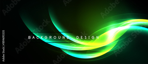 Abstract green waves, vibrant design. Smooth curves create dynamic flow against dark backdrop. Text reads background design.