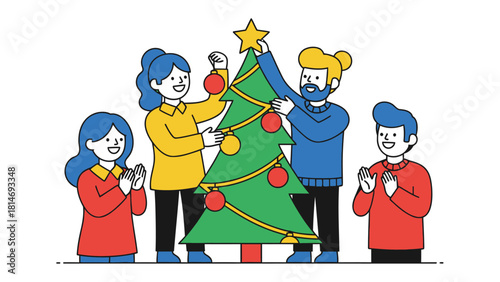 Holiday Togetherness: A family collaborates in decorating the christmas tree, filling the scene with festive spirit. Capturing a moment of joyous teamwork and holiday tradition.