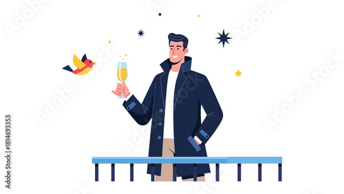 Cheers to Celebration: A well-dressed gentleman raises a champagne flute, surrounded by whimsical elements, in a moment of festive joy.