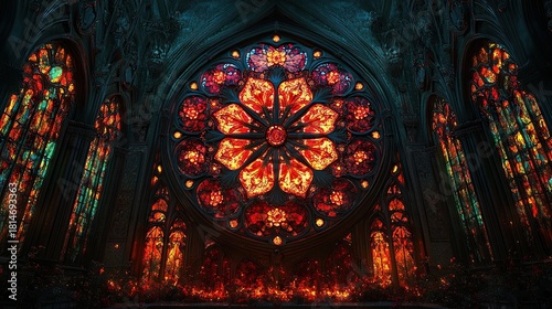 Ornate stained glass window of a grand cathedral, featuring floral patterns and radiating light from within.