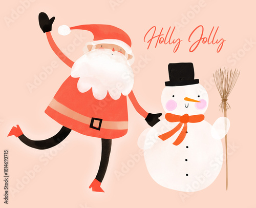 Holly Jolly Christmas Illustration with Santa and Snowman. Winter Holidays Card With a Waving Santa Claus and a Smiling Snowman On a Pink Background. Hand Drawn Xmas Card.
