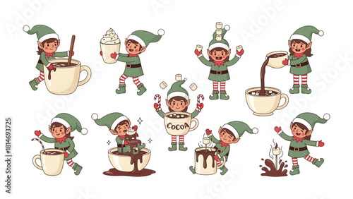 Christmas Elf's cocoa: A playful Christmas elf meticulously prepares a delicious cup of cocoa, filling the air with festive cheer and warmth, capturing the essence of the season.