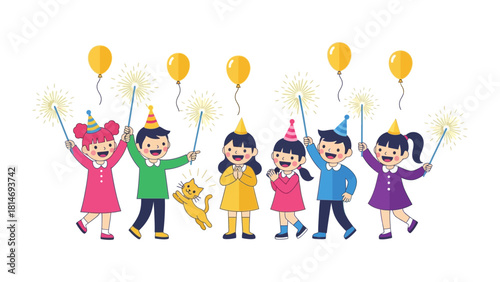 Childhood celebration with Sparklers and Balloons: Joyful children gather to celebrate with sparklers, yellow balloons, and party hats.