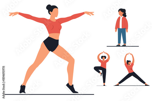 Female Fitness and Yoga Illustration Set: Diverse Flat Vector Characters, Female Exercise and Yoga Poses   Flat Style Character Illustrations, 