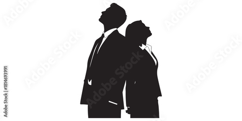 Silhouettes of couple, man and woman, standing business people, looking up, vector, back view, profile, black color isolated on white background, Collection of Black Silhouettes of People in Various