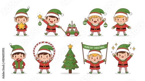 Christmas Elves Collection: A cheerful assortment of festive elves, adorned in traditional attire, spreading holiday cheer with an array of decorations and props.