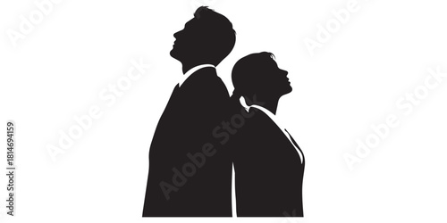 Silhouettes of couple, man and woman, standing business people, looking up, vector, back view, profile, black color isolated on white background, Collection of Black Silhouettes of People in Various