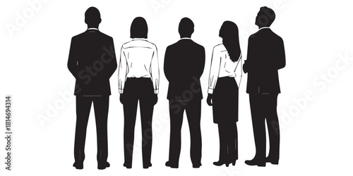 Set of silhouettes of men and women, walking business people, front and back view, vector, profile, black color, isolated on white background, Vector set of snanding and walking business people, 