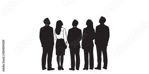 Set of silhouettes of men and women, walking business people, front and back view, vector, profile, black color, isolated on white background, Vector set of snanding and walking business people, 