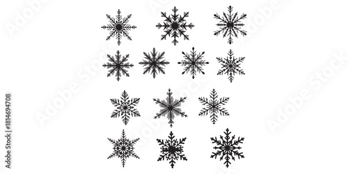 Snowflake silhouette black icon set isolated on white background, simple winter holiday and cold season symbol collection illustration