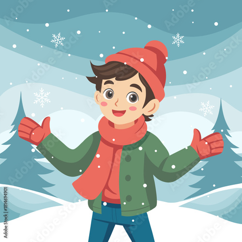 Cute boy in warm winter clothes enjoys the snowfall. Illustration for a holiday background.