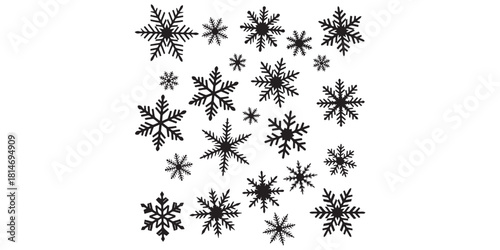 Snowflake silhouette black icon set isolated on white background, simple winter holiday and cold season symbol collection illustration