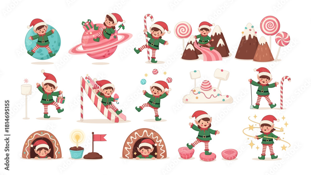 Fototapeta premium Holiday Elf in Festive Playground: A whimsical collection of charming elves immersed in a joyful playground scene, surrounded by sweets and cheerful decorations.