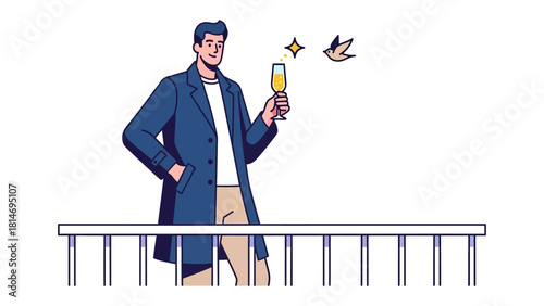 Man Holding a Champagne Glass: An elegant gentleman in a long coat, raising a champagne glass on a balcony with a sense of sophistication and enjoyment.