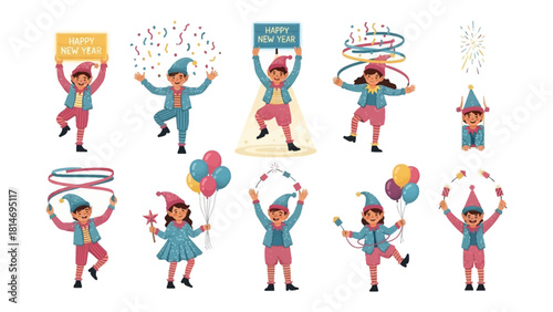 Festive Celebrations: A joyous ensemble of animated figures adorned in festive attire, each embodying the spirit of celebration with signs, props, and celebratory elements. 