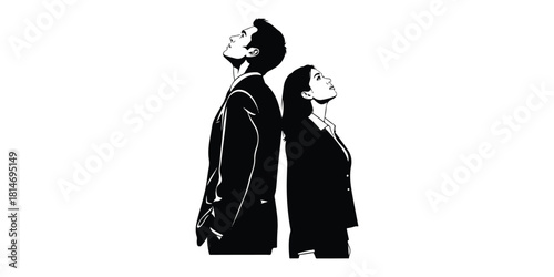 Silhouettes of couple, man and woman, standing business people, looking up, vector, back view, profile, black color isolated on white background, Collection of Black Silhouettes of People in Various