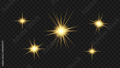 Golden light effects with glowing stars on a transparent background