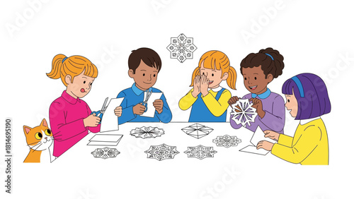 Creative Hands: A gathering of children, their faces alight with curiosity and creativity, busy themselves with crafting delicate snowflakes.