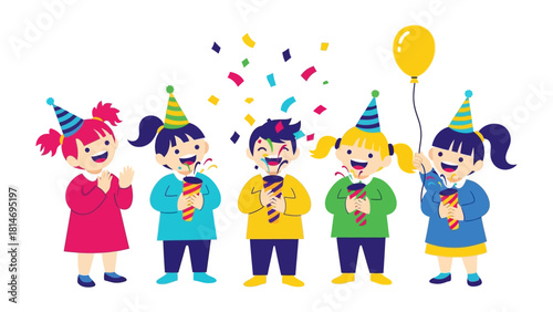 Joyful Gathering: A vibrant cartoon depicts children celebrating with confetti, party hats, and a cheerful balloon, embodying the essence of youthful delight.