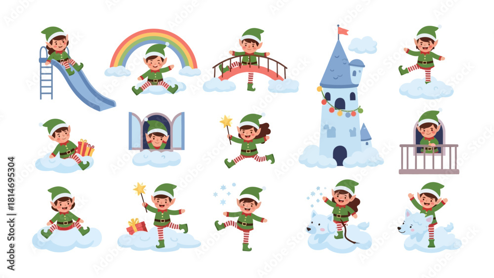Naklejka premium Whimsical Elves' Playground: A collection of playful elves engaging in various activities on fluffy clouds, creating a vibrant and imaginative scene of joy and wonder.