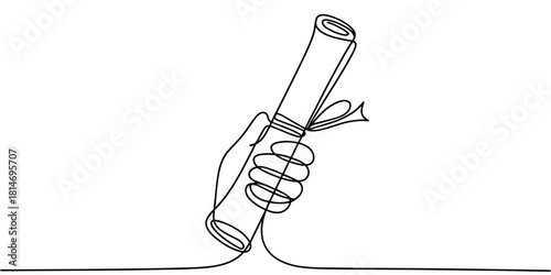 Continuous line drawing of a hand holding a rolled diploma, symbolizing graduation, achievement, and academic success in a minimalist 