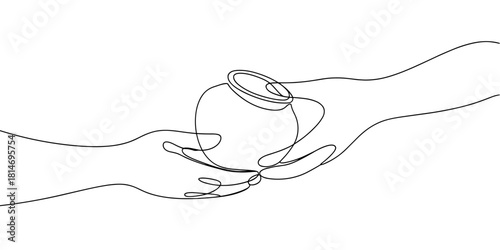 Minimal continuous line illustration showing one hand passing a jar to another, symbolizing sharing, offering, and simple human connection.